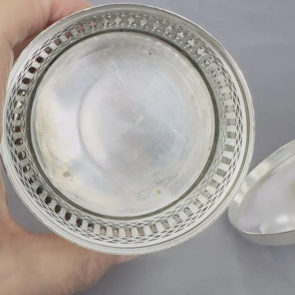 England Silver Plated Condiment Jar Lid Cobalt Blue Glass Insert & Spoon Reticul